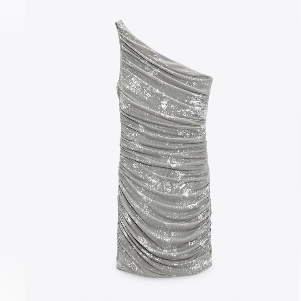 Zara One Shoulder Silver Foil Dress